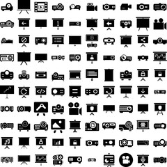 Collection Of 100 Projector Icons Set Isolated Solid Silhouette Icons Including Screen, Projector, Video, Cinema, Film, Movie, Presentation Infographic Elements Vector Illustration Logo
