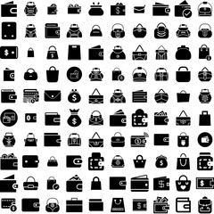Collection Of 100 Purse Icons Set Isolated Solid Silhouette Icons Including Female, Handbag, Woman, Fashion, Bag, Background, Purse Infographic Elements Vector Illustration Logo