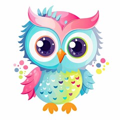 Colorful owlet sitting illustration. Cute owlet sitting on a white background. Baby owl with cute eyes and colorful feathers. Colorful owl baby illustration for kids coloring page. Generative AI.