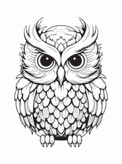 Naklejka premium Owl logo mascot illustration coloring book black and white for adults and kids isolated line art on white background.