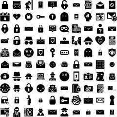 Collection Of 100 Secret Icons Set Isolated Solid Silhouette Icons Including Confidential, Information, Secret, Stamp, Top, Isolated, Background Infographic Elements Vector Illustration Logo