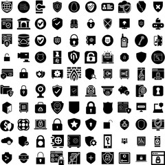 Collection Of 100 Security Icons Set Isolated Solid Silhouette Icons Including Privacy, Internet, Computer, Secure, Technology, Security, Protection Infographic Elements Vector Illustration Logo