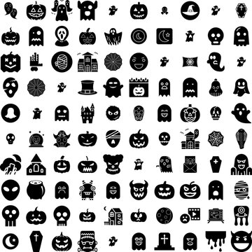 Collection Of 100 Scary Icons Set Isolated Solid Silhouette Icons Including Halloween, Background, Spooky, Dark, Scary, Horror, Night Infographic Elements Vector Illustration Logo