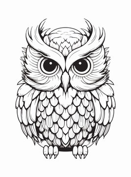 Owl logo mascot illustration coloring book black and white for adults and kids isolated line art on white background.