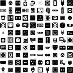 Collection Of 100 Socket Icons Set Isolated Solid Silhouette Icons Including Socket, Energy, Electric, Power, Plug, Voltage, Electricity Infographic Elements Vector Illustration Logo