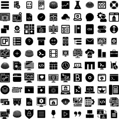 Collection Of 100 Software Icons Set Isolated Solid Silhouette Icons Including Business, Computer, Code, Internet, Software, Technology, Digital Infographic Elements Vector Illustration Logo