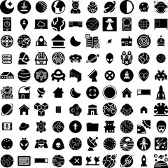 Collection Of 100 Space Icons Set Isolated Solid Silhouette Icons Including Background, Universe, Space, Astronomy, Cosmos, Science, Galaxy Infographic Elements Vector Illustration Logo