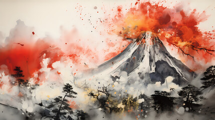 Dynamic Sumi-e Illustration of a Volcano Eruption with Cascading Lava - obrazy, fototapety, plakaty