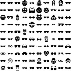 Collection Of 100 Sunglasses Icons Set Isolated Solid Silhouette Icons Including Design, Isolated, Fashion, Modern, Sunglasses, Style, Stylish Infographic Elements Vector Illustration Logo
