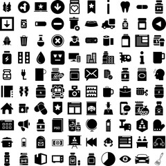 Collection Of 100 Supplement Icons Set Isolated Solid Silhouette Icons Including Nutrition, Supplement, Capsule, Health, Healthy, Medicine, Vitamin Infographic Elements Vector Illustration Logo