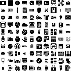 Collection Of 100 Technology Icons Set Isolated Solid Silhouette Icons Including Technology, Communication, Concept, Digital, Data, Network, Internet Infographic Elements Vector Illustration Logo