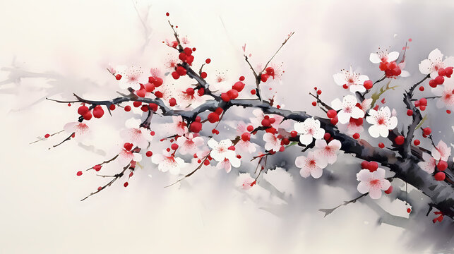 Red cherry blossom branch Sumie painting