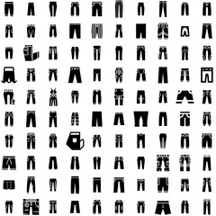 Collection Of 100 Trousers Icons Set Isolated Solid Silhouette Icons Including Fashion, Style, Pants, Wear, Trousers, Garment, Clothing Infographic Elements Vector Illustration Logo