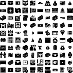 Collection Of 100 Treasure Icons Set Isolated Solid Silhouette Icons Including Old, Vector, Gold, Chest, Treasure, Box, Pirate Infographic Elements Vector Illustration Logo