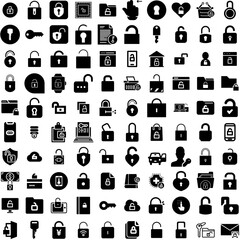 Collection Of 100 Unlock Icons Set Isolated Solid Silhouette Icons Including Vector, Lock, Icon, Password, Unlock, Open, Safe Infographic Elements Vector Illustration Logo