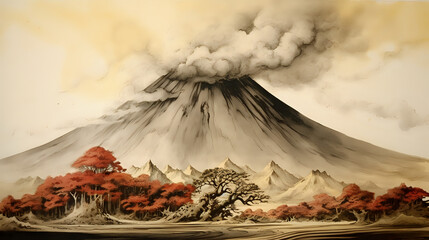 Sumie volcano smoke with red trees  - obrazy, fototapety, plakaty
