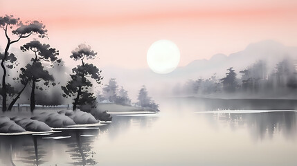 Sumie peaceful lake at dawn, with calm waters reflecting the soft hues of the rising sun.
