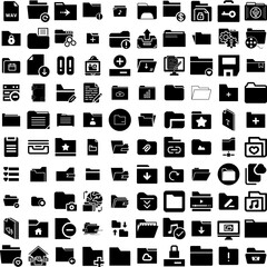 Collection Of 100 Folder Icons Set Isolated Solid Silhouette Icons Including Open, Folder, Design, Paper, Business, Document, File Infographic Elements Vector Illustration Logo
