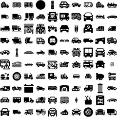 Collection Of 100 Vehicle Icons Set Isolated Solid Silhouette Icons Including Transport, Vehicle, Car, Power, Technology, Battery, Automobile Infographic Elements Vector Illustration Logo