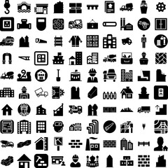 Collection Of 100 Construction Icons Set Isolated Solid Silhouette Icons Including Building, Industry, Worker, Business, Construction, Engineer, Project Infographic Elements Vector Illustration Logo