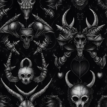 Seamless pattern Vintage Dark Gothic Demon Head Skulls Spikes Horns created with Generative AI tools