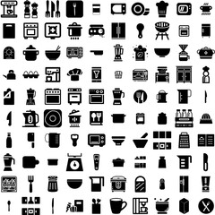 Collection Of 100 Kitchen Icons Set Isolated Solid Silhouette Icons Including Table, Background, Kitchen, Modern, Home, Interior, Room Infographic Elements Vector Illustration Logo