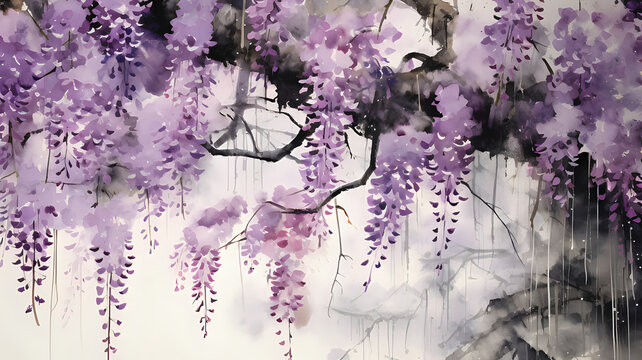 Sumi e cascades of wisteria flowers hanging gracefully from sturdy vines.