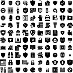 Collection Of 100 Protection Icons Set Isolated Solid Silhouette Icons Including Safety, Technology, Protection, Protect, Concept, Shield, Secure Infographic Elements Vector Illustration Logo