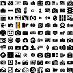 Collection Of 100 Photography Icons Set Isolated Solid Silhouette Icons Including Photo, Photographer, Equipment, Photography, Camera, Lens, Technology Infographic Elements Vector Illustration Logo