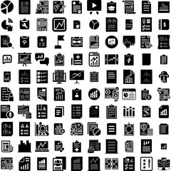 Collection Of 100 Report Icons Set Isolated Solid Silhouette Icons Including Financial, Report, Concept, Finance, Analysis, Marketing, Business Infographic Elements Vector Illustration Logo