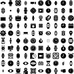 Collection Of 100 Watch Icons Set Isolated Solid Silhouette Icons Including Watch, Wristwatch, Isolated, Time, Modern, Clock, Design Infographic Elements Vector Illustration Logo