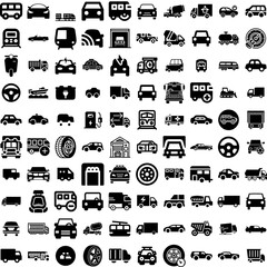 Collection Of 100 Vehicle Icons Set Isolated Solid Silhouette Icons Including Vehicle, Car, Battery, Power, Automobile, Technology, Transport Infographic Elements Vector Illustration Logo
