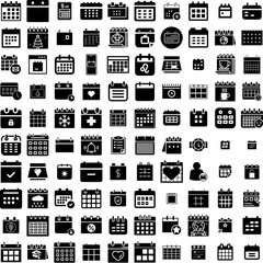 Collection Of 100 Calendar Icons Set Isolated Solid Silhouette Icons Including Calendar, Date, Year, Month, Event, Vector, Business Infographic Elements Vector Illustration Logo