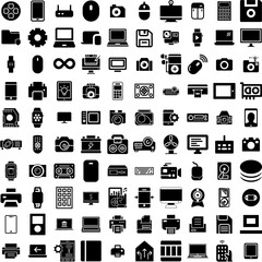 Collection Of 100 Device Icons Set Isolated Solid Silhouette Icons Including Mobile, Phone, Tablet, Computer, Digital, Screen, Technology Infographic Elements Vector Illustration Logo