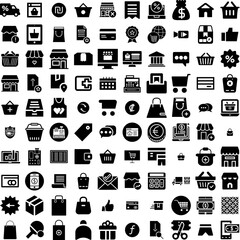 Collection Of 100 Ecommerce Icons Set Isolated Solid Silhouette Icons Including Shop, Online, Retail, Payment, Store, Business, Ecommerce Infographic Elements Vector Illustration Logo