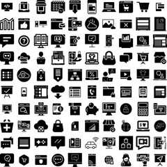 Collection Of 100 Online Icons Set Isolated Solid Silhouette Icons Including Online, Concept, Technology, Business, Store, Internet, Digital Infographic Elements Vector Illustration Logo