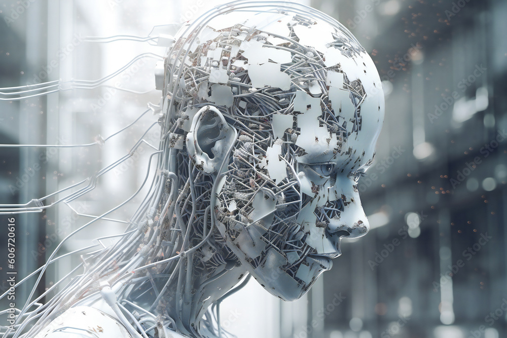 Poster illustration of a beautiful female android head. robotic and artificial intelligence concept. create