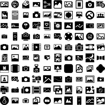 Collection Of 100 Image Icons Set Isolated Solid Silhouette Icons Including Vector, Web, Frame, Picture, Photo, Image, Design Infographic Elements Vector Illustration Logo