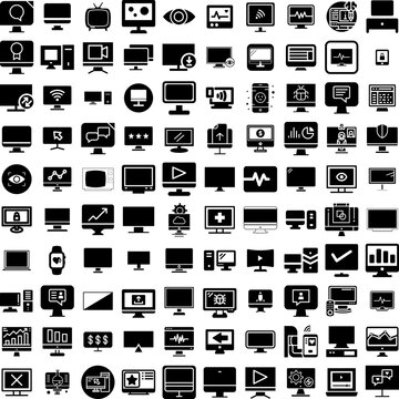 Collection Of 100 Monitor Icons Set Isolated Solid Silhouette Icons Including Technology, Display, Business, Computer, Monitor, Screen, Isolated Infographic Elements Vector Illustration Logo
