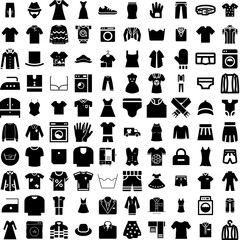 Collection Of 100 Clothes Icons Set Isolated Solid Silhouette Icons Including Clothing, Style, Fashion, Fabric, Background, Cloth, Clothes Infographic Elements Vector Illustration Logo