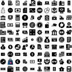 Collection Of 100 Finance Icons Set Isolated Solid Silhouette Icons Including Economy, Investment, Money, Business, Finance, Financial, Growth Infographic Elements Vector Illustration Logo