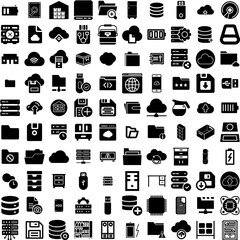 Collection Of 100 Storage Icons Set Isolated Solid Silhouette Icons Including Storage, Technology, Energy, System, Container, Business, Unit Infographic Elements Vector Illustration Logo