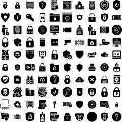 Collection Of 100 Security Icons Set Isolated Solid Silhouette Icons Including Internet, Computer, Technology, Security, Protection, Secure, Privacy Infographic Elements Vector Illustration Logo