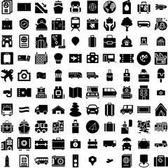 Collection Of 100 Travel Icons Set Isolated Solid Silhouette Icons Including Tourism, Travel, Airplane, Vacation, Journey, Trip, Holiday Infographic Elements Vector Illustration Logo