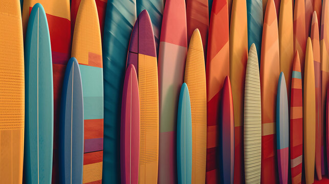 A collection of  colorful surfboards In different colors and different sizes.. Summer fun on the beach theme, retro holiday design background. Generative Ai