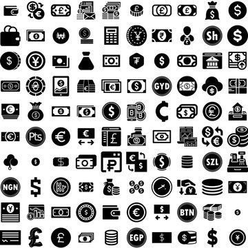 Collection Of 100 Currency Icons Set Isolated Solid Silhouette Icons Including Exchange, Money, Cash, Finance, Business, Currency, Payment Infographic Elements Vector Illustration Logo