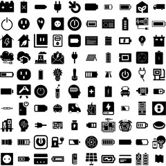 Collection Of 100 Power Icons Set Isolated Solid Silhouette Icons Including Energy, Electricity, Station, Electric, Power, Illustration, Vector Infographic Elements Vector Illustration Logo