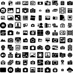 Collection Of 100 Photo Icons Set Isolated Solid Silhouette Icons Including Paper, Photo, Design, Frame, Retro, Picture, Blank Infographic Elements Vector Illustration Logo