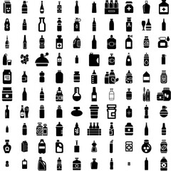 Collection Of 100 Bottle Icons Set Isolated Solid Silhouette Icons Including Design, Container, Drink, Isolated, Object, Vector, Bottle Infographic Elements Vector Illustration Logo