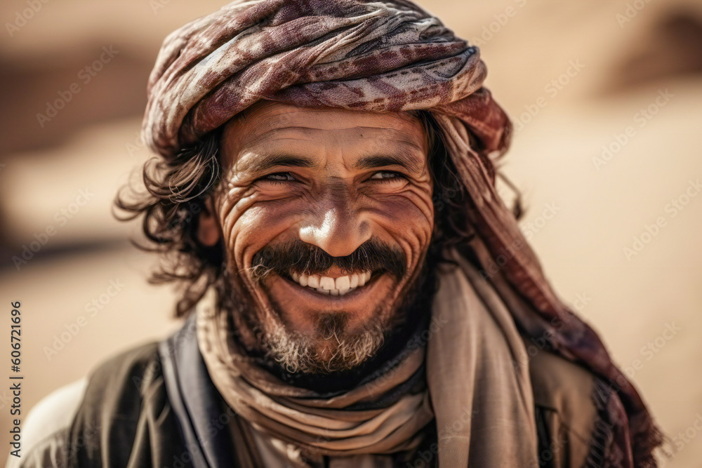 Poster a portrait of a smiling muslim man. created with generative ai technology.